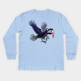 Evil crow ripping out and stealing an eyeball for a Halloween witch potion Kids Long Sleeve T-Shirt